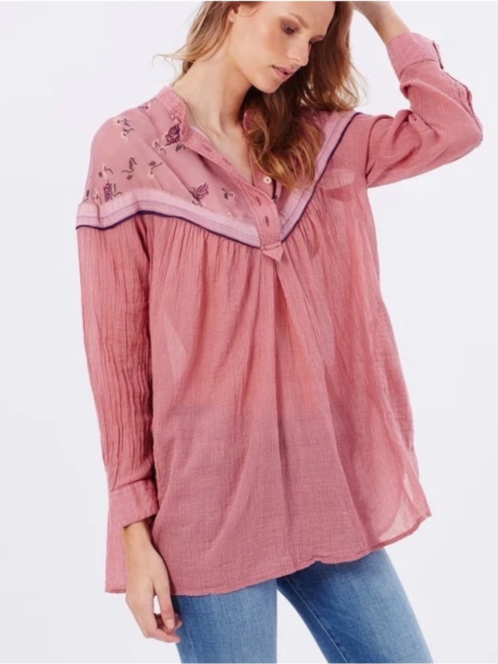 Free People Hearts & Colors Striped Floral Oversized Tunic Shirt Size Medium